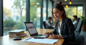 Executiva brasileira preenche formulário fiscal W-8BEN-E em notebook em escritório moderno