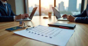 Mesa de reunião com checklist para abrir filial dos EUA no Brasil