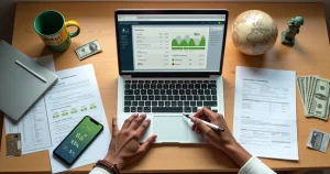 Empreendedor brasileiro organiza pagamento internacional a fornecedor americano em mesa com itens dos dois países