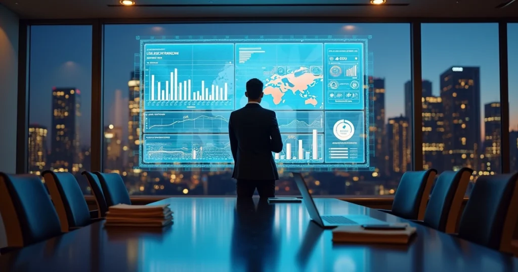 Empreendedor analisa painel digital com dados de auditoria empresarial