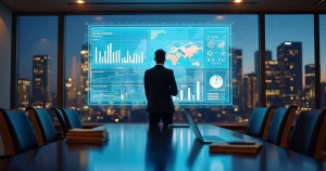 Empreendedor analisa painel digital com dados de auditoria empresarial