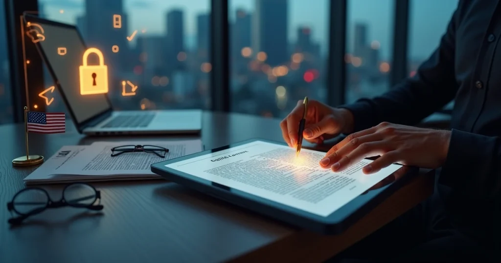 Empreendedor revisa contrato digital em tablet com destaque para cadeado de segurança