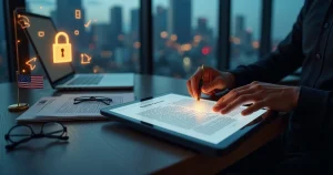 Empreendedor revisa contrato digital em tablet com destaque para cadeado de segurança