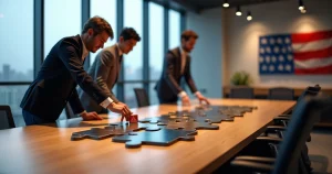 Empreendedores montam grande quebra-cabeça com peças em forma de pessoas e bandeira dos EUA ao fundo